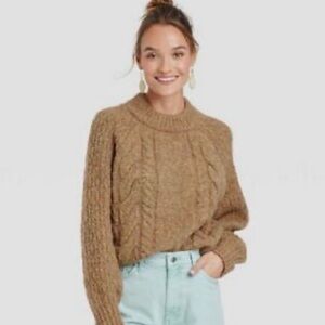 Target universal thread mock neck turtleneck sweater tan cable knit fisherman